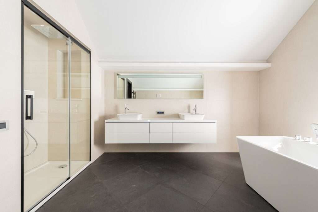 An image of a bathroom with a floating vanity